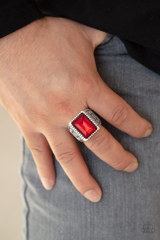 Winning Attitude - Red Emerald Style Cut Gem Paparazzi Men's Ring