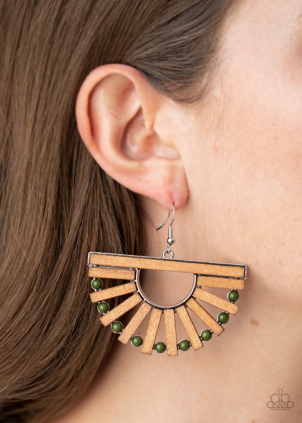 Wooden Wonderland - Green Dainty Beads/Wooden Rectangular Frame Crescent Shaped Paparazzi Earrings