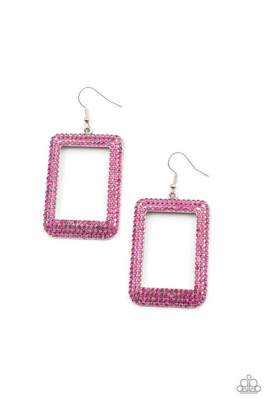 World FRAME-ous - Pink Rhinestone Encrusted Oversized Silver Rectangular Frame Paparazzi Earrings