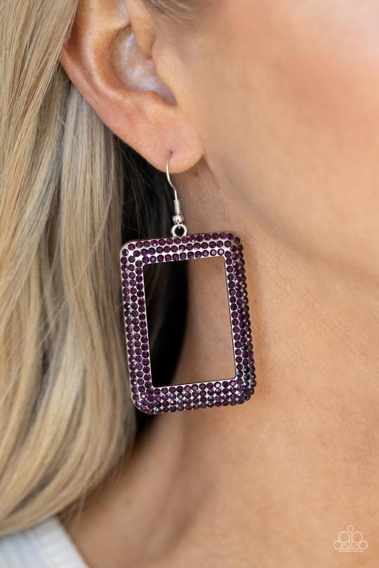 World FRAME-ous - Purple Rhinestone Encrusted Square Frame Paparazzi Earrings