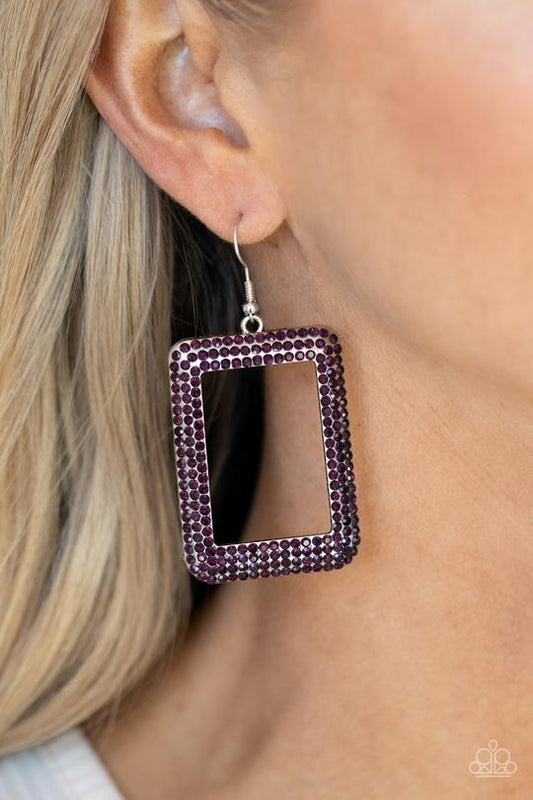 World FRAME-ous - Purple Rhinestone Encrusted Square Frame Paparazzi Earrings