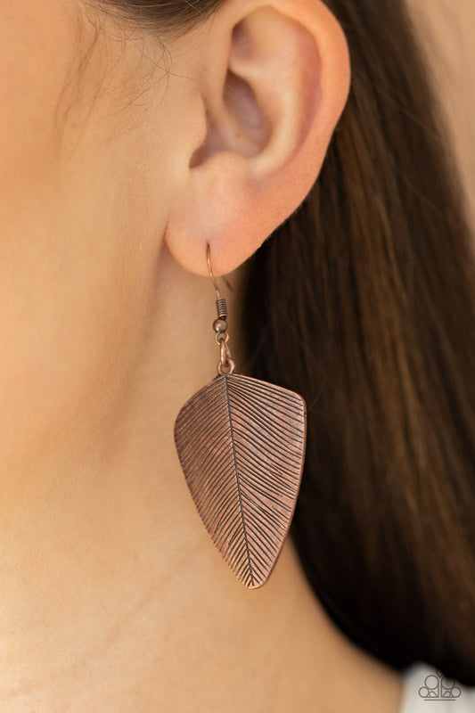 One Of The Flock - Copper Antiqued Feather Detail Rustic Look Earrings