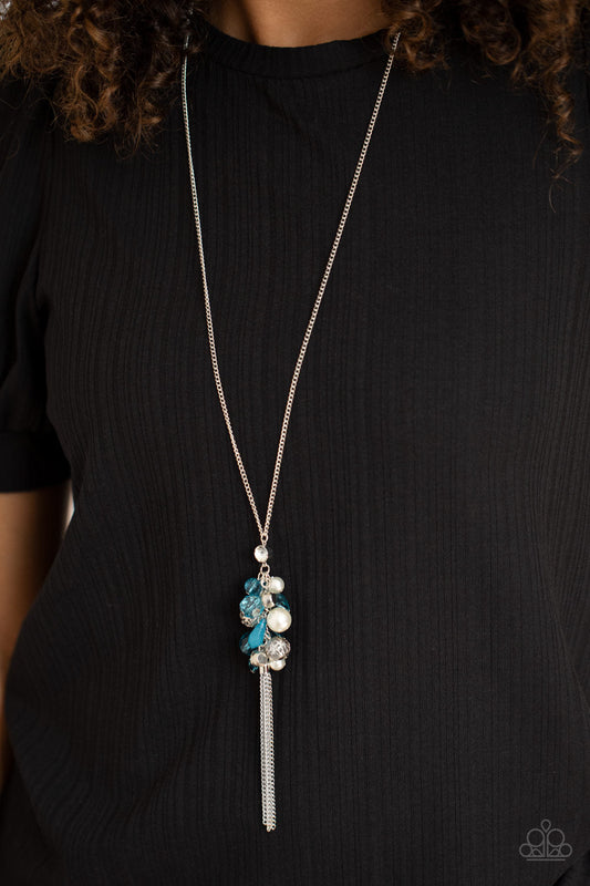 Party Girl Glow - Blue Crystal-Like Beads, White Rhinestones, White Pearls, & Ornate Silver Beaded Cluster Necklace & matching earrings
