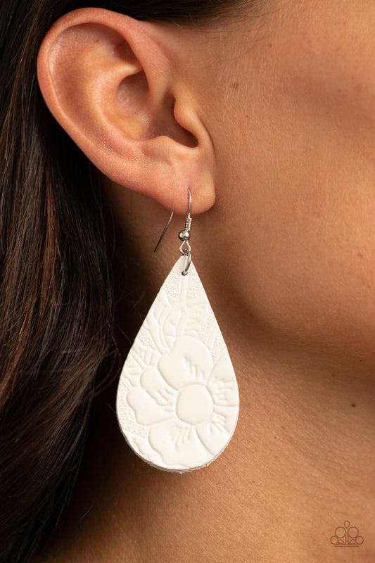 Beach Garden - White Floral Embossed Leather Paparazzi Earrings