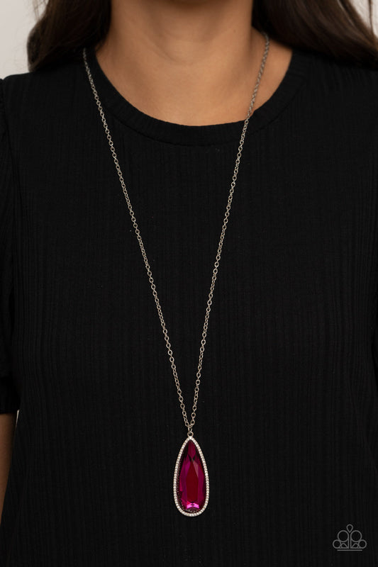 Watch Out For REIGN - Pink Teardrop Gem/White Rhinestone Encrusted Frame Pendant Paparazzi Necklace & matching earrings