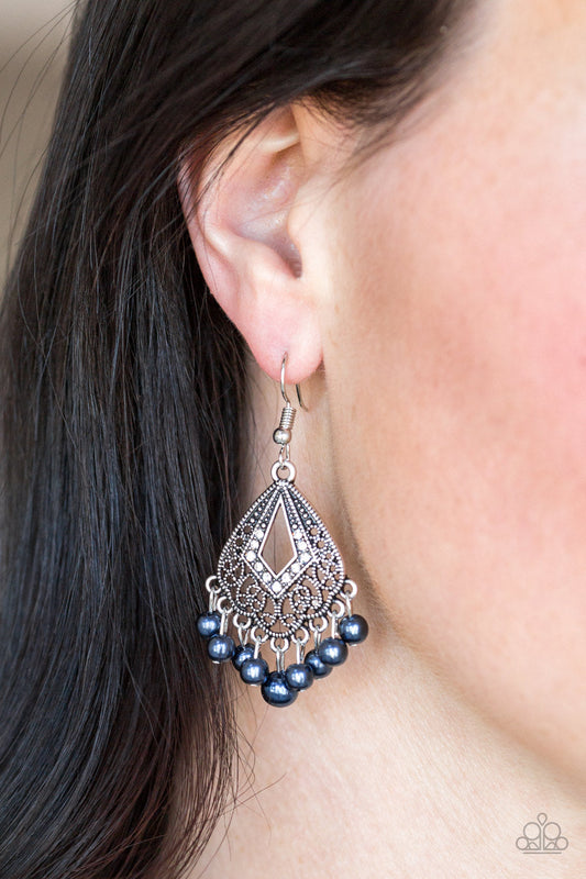 Gracefully Gatsby - Blue Pearl Fringe/Ornate Silver Frame Paparazzi Earrings