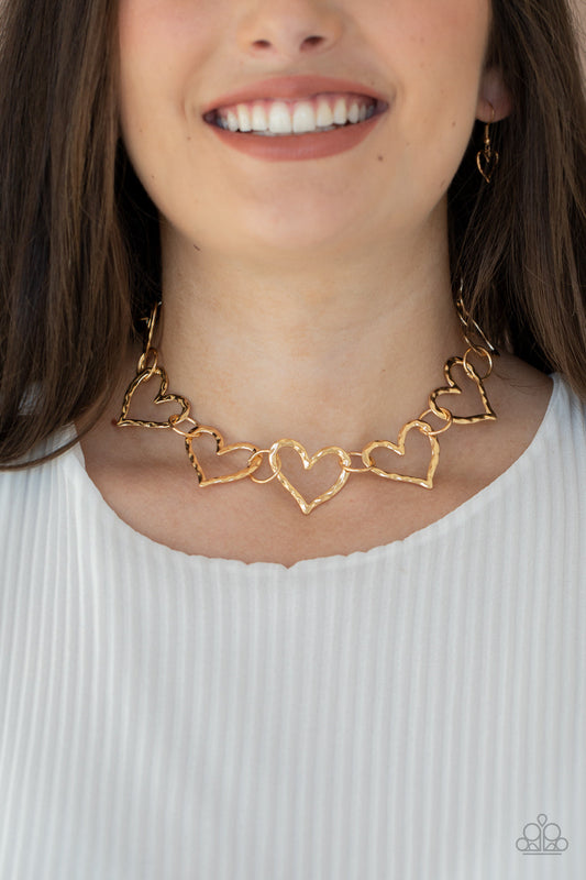 Vintagely Valentine - Gold Linked Hammered Heart Paparazzi Necklace & matching earrings