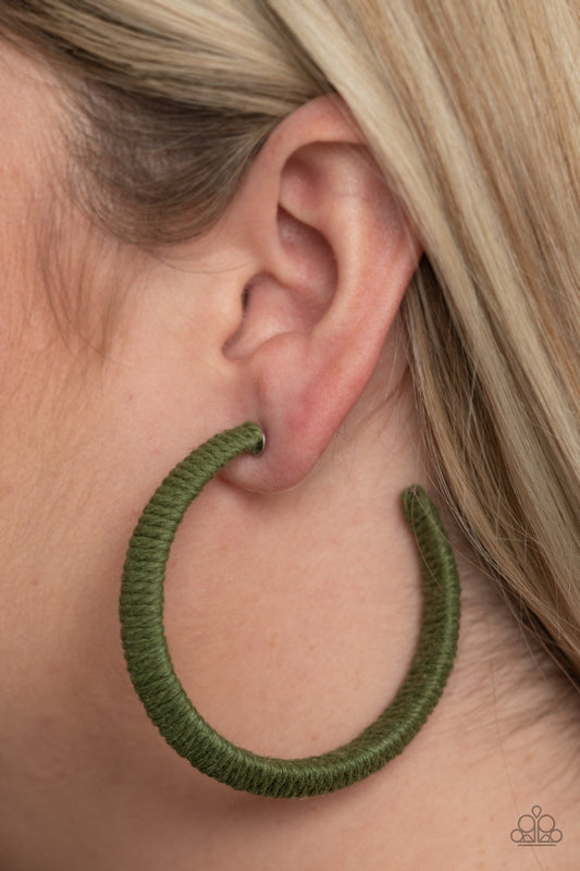 TWINE and Dine - Green Twine-Like Cording Paparazzi Hoop Earrings