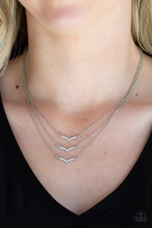 Pretty Petite - White Rhinestone Encrusted Triple Dainty Silver Chain Paparazzi Necklace & matching earrings