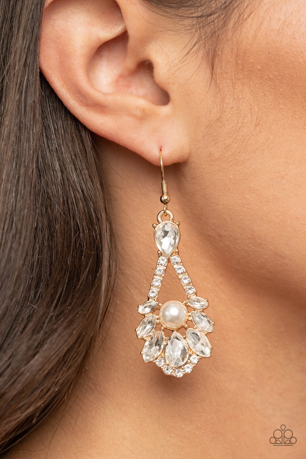 Prismatic Presence - Gold Teardrop Frame/White Rhinestone Encrusted Frame Paparazzi Earrings