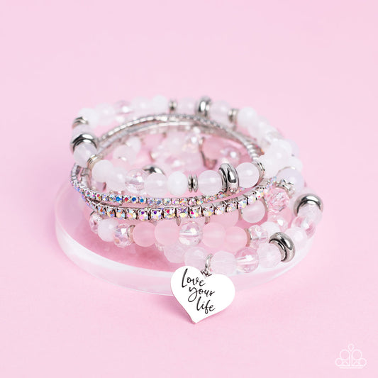 Optimistic Opulence - Pink Beads, White & Pink Accents, Iridescent Rhinestones, & "love your life" Heart Pendant Paparazzi Stretch Bracelets
