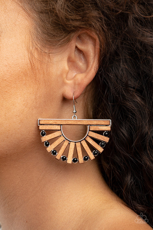 Wooden Wonderland - Black Dainty Beads/Wooden Rectangular Frame Crescent Shaped Earrings