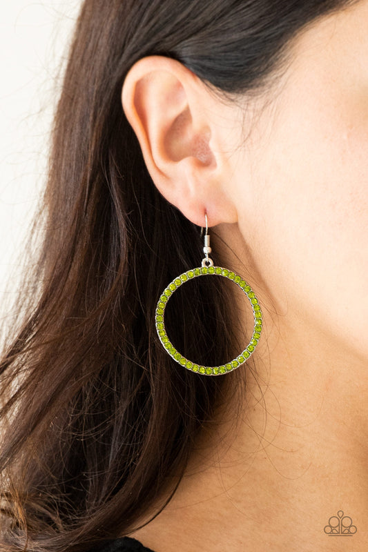 Stoppin Traffic - Green Rhinestone Encrusted Warped Silver Paparazzi Loop Earrings