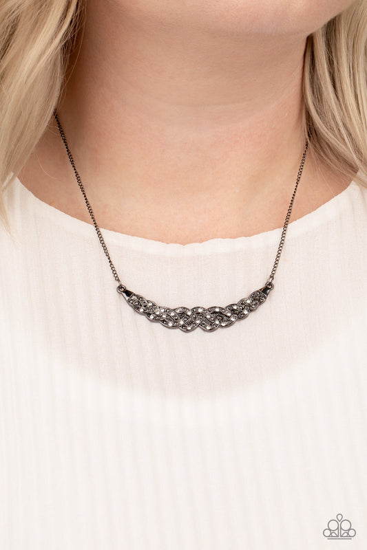 Whatever Floats Your YACHT - Gunmetal Studded Braided Bars/White Rhinestone Encrusted Necklace & matching earrings