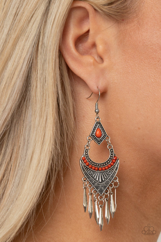 Trailblazer Beam - Orange Accents/Studded & Geometrically Embossed Silver Frame/Flared Silver Bar Fringe Earrings