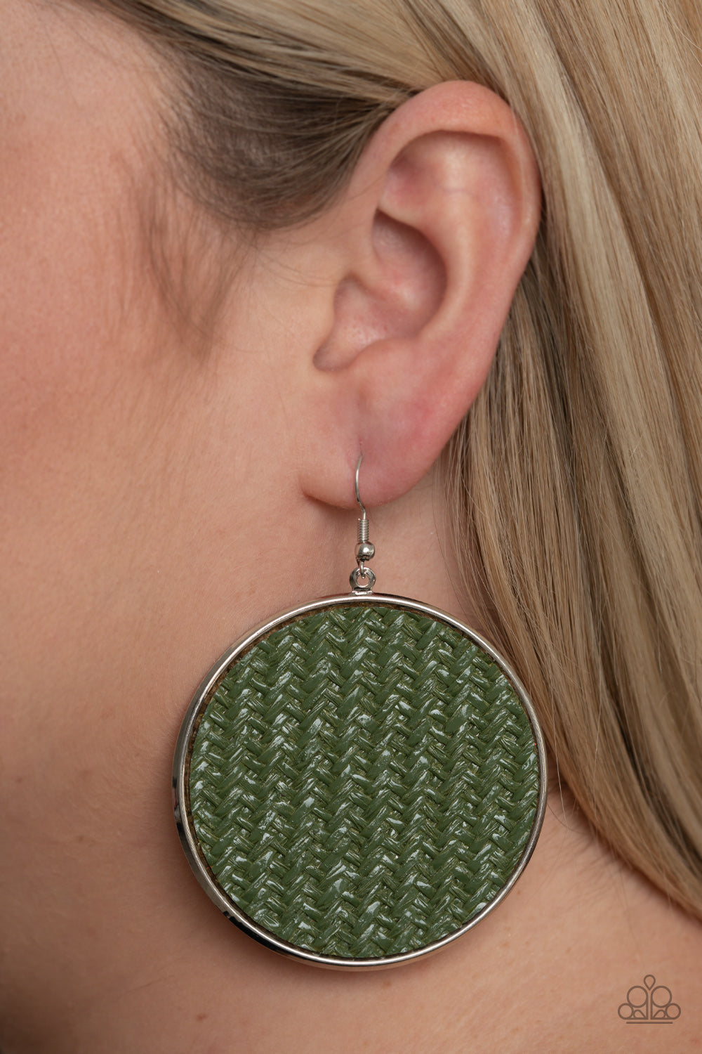 Wonderfully Woven - Green Military Olive Woven Twine-Like Cording / Oversized Silver Disc Earrings