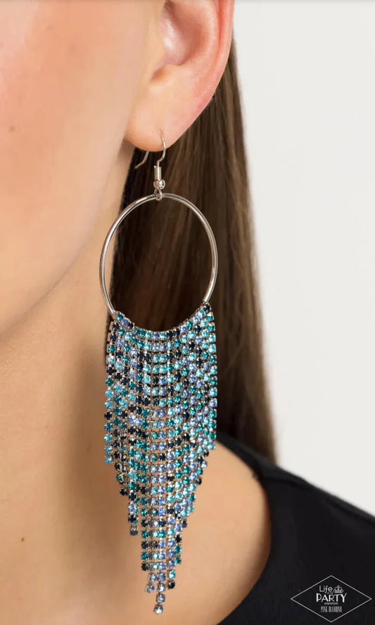 Streamlined Shimmer - Blue Rhinestone Fringe Paparazzi Earrings