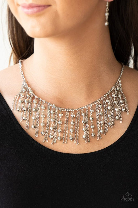 Rebel Remix - Silver Beaded Fringe Paparazzi Necklace & matching earrings