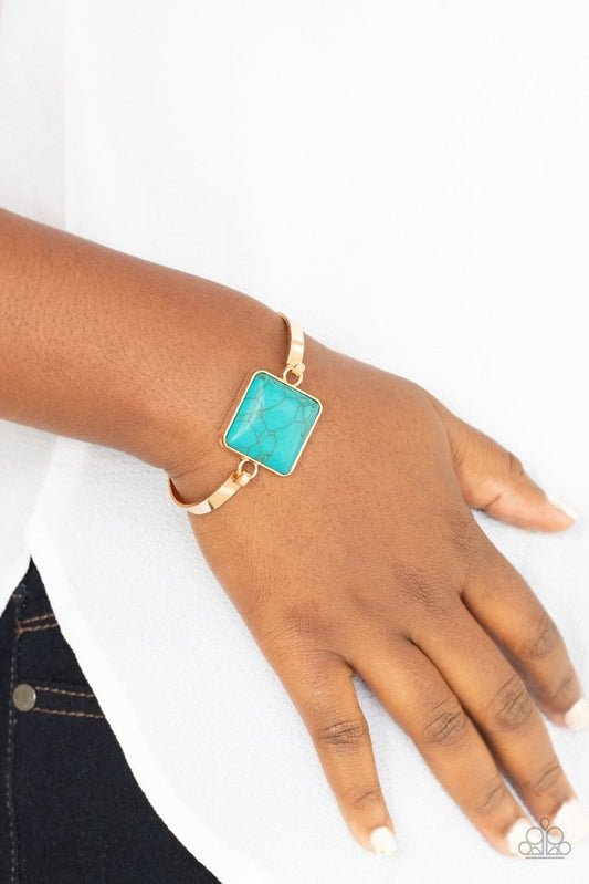 Turning a CORNERSTONE - Gold/Turquoise Stone Paparazzi Hinge Bracelet