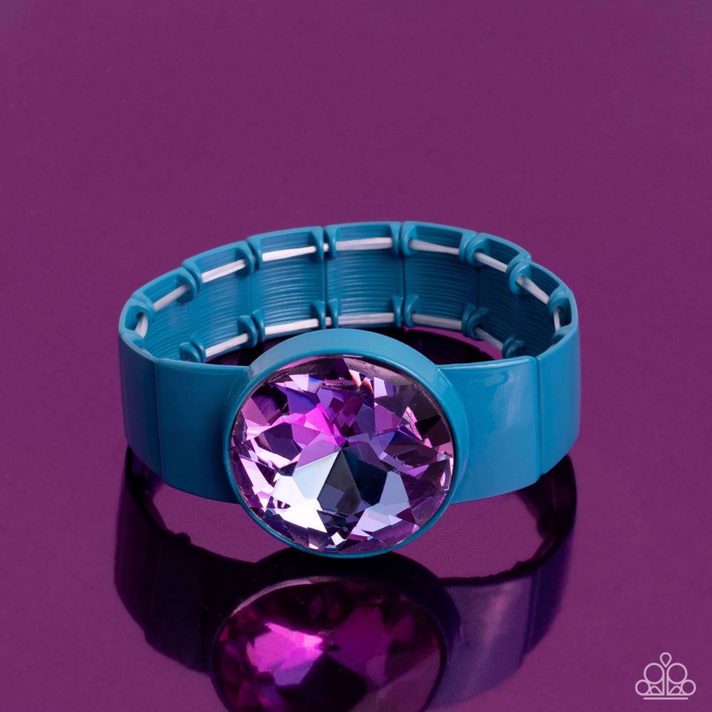 Exaggerated Ego - Blue Rectangular Frames/Oversized Purple Gem Paparazzi Stretch Bracelet