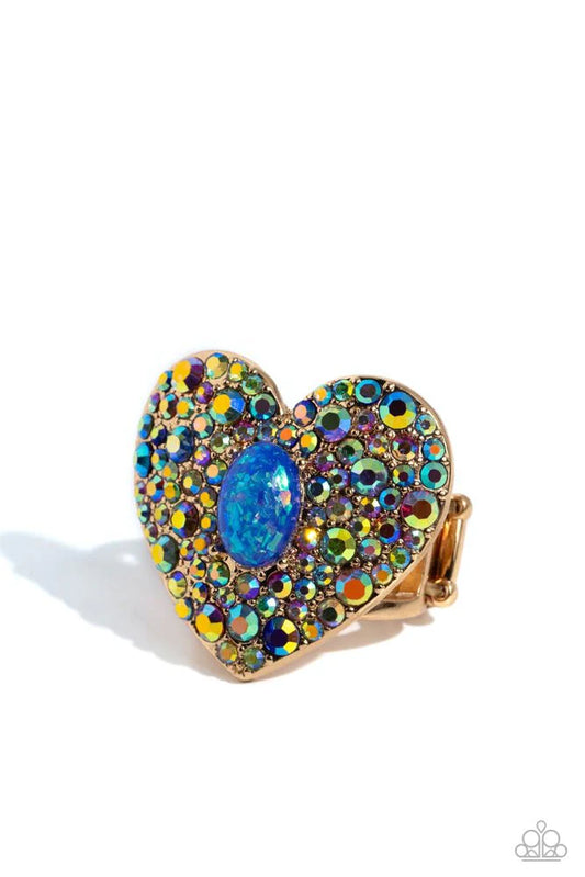 Bejeweled Beau - Blue Opalescent Beaded Center/Multicolored & Iridescent Rhinestone Heart Paparazzi Ring