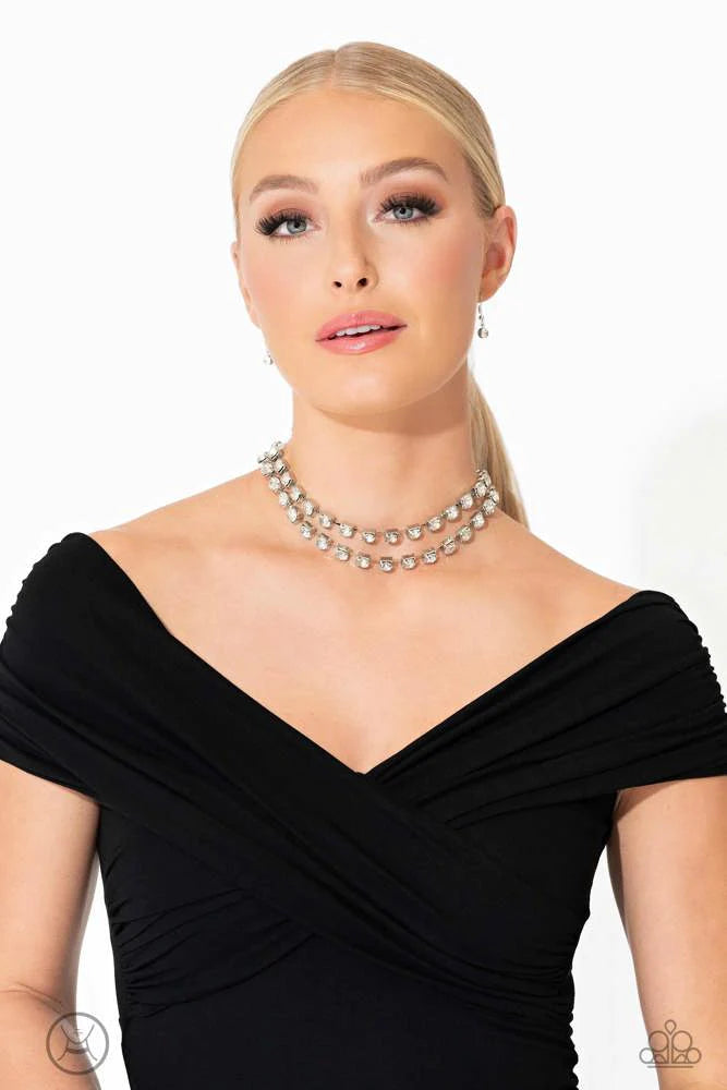 Glistening Gallery - White Oversized Rhinestone Paparazzi Choker Necklace & matching earrings