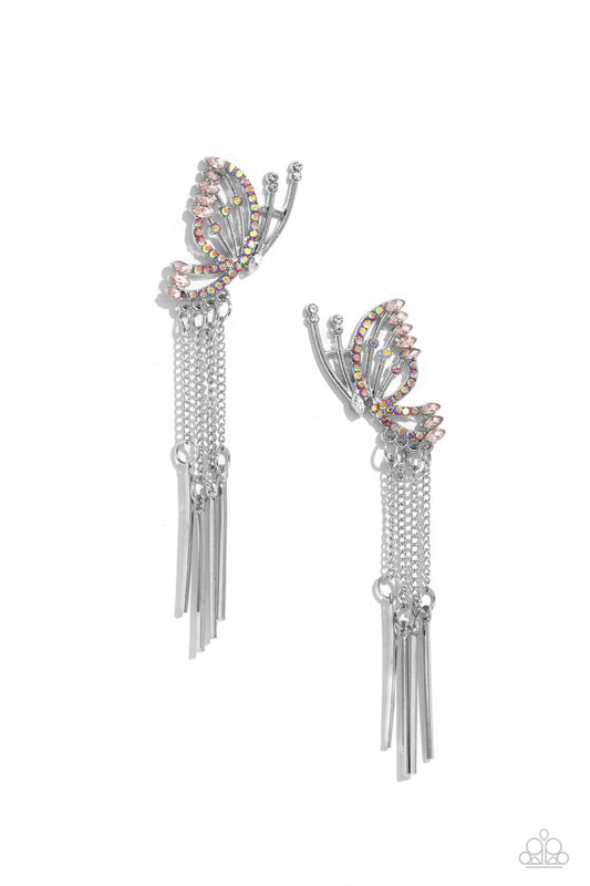 A Few Of My Favorite WINGS - Pink & Iridescent Rhinestones/Airy Butterfly Paparazzi Earrings