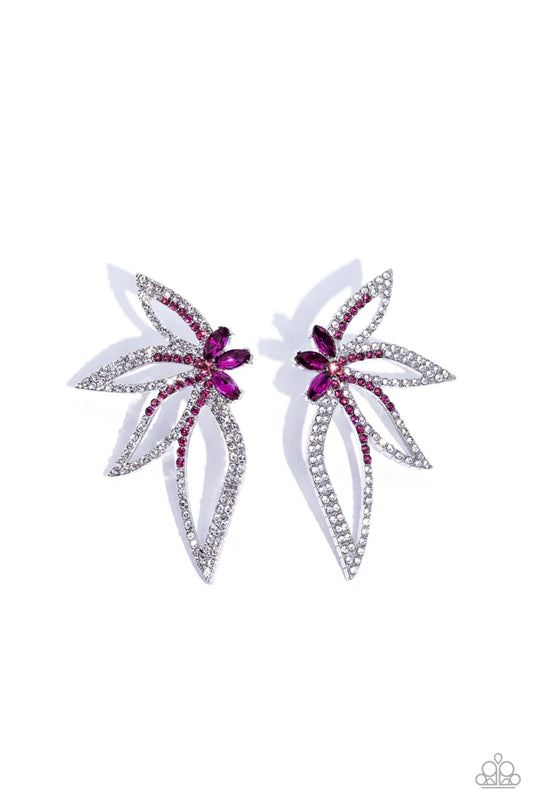 Twinkling Tulip - Pink & White Rhinestone Petals Paparazzi Earrings