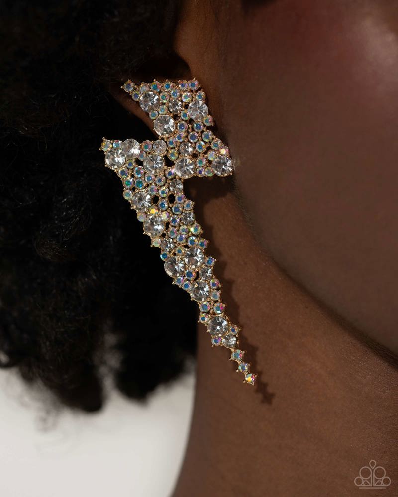 Electric Effulgence - Gold Lightning Bolts/White Gems & Iridescent Rhinestones Paparazzi Earrings