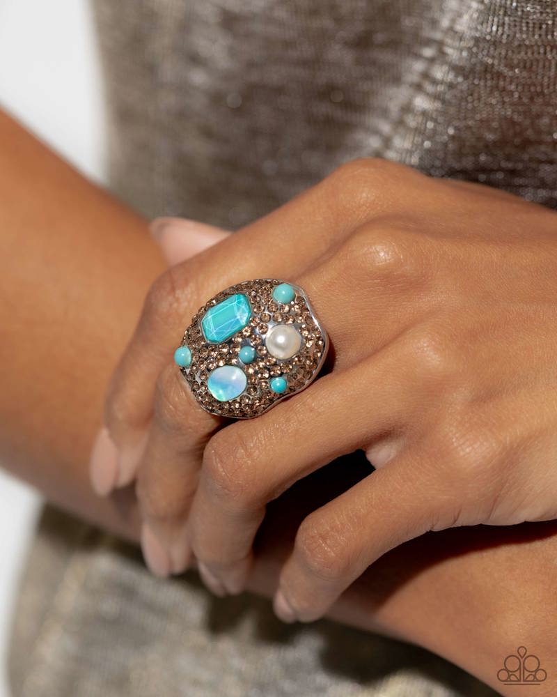 Active Artistry - Blue Beads, White Pearl, Aquamarine Gem, & Topaz Rhinestones Paparazzi Ring