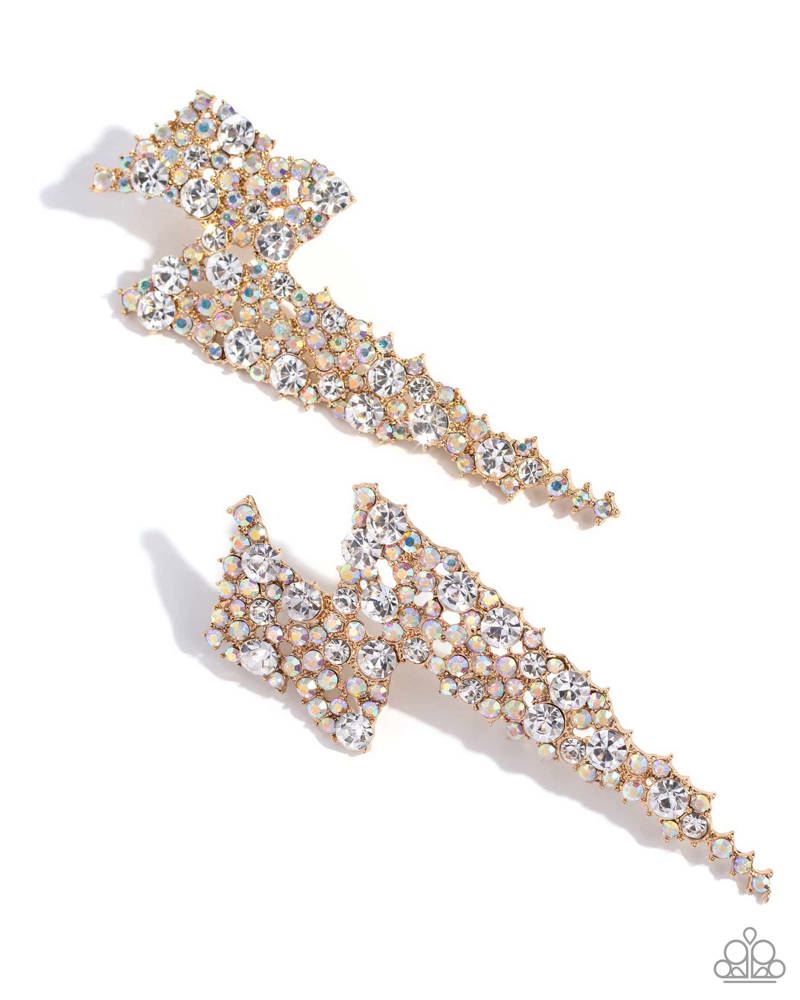 Electric Effulgence - Gold Lightning Bolts/White Gems & Iridescent Rhinestones Paparazzi Earrings