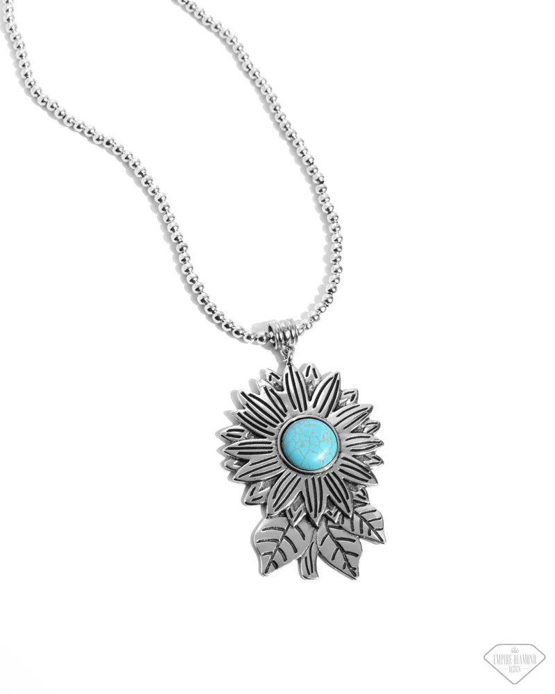 Sunflower Solstice - Blue Stone Center/Silver Sunflower Pendant Paparazzi Necklace & matching earrings