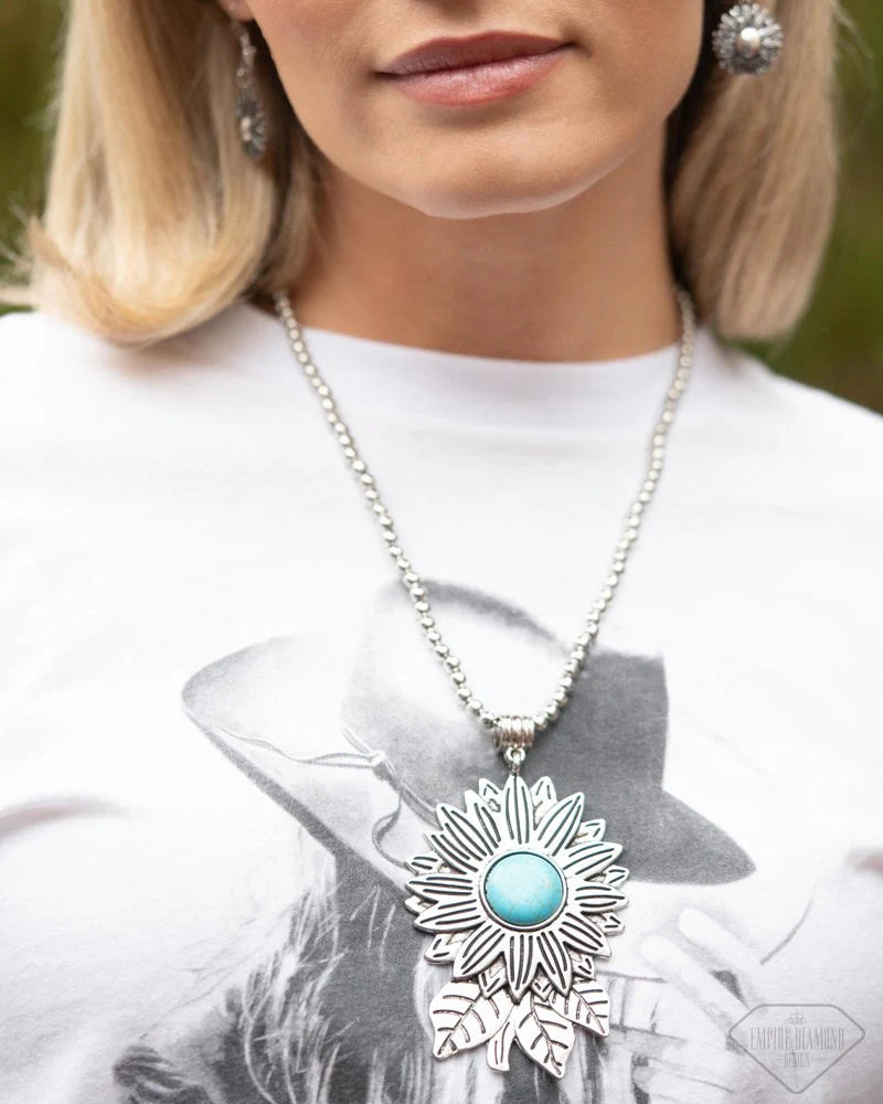 Sunflower Solstice - Blue Stone Center/Silver Sunflower Pendant Paparazzi Necklace & matching earrings