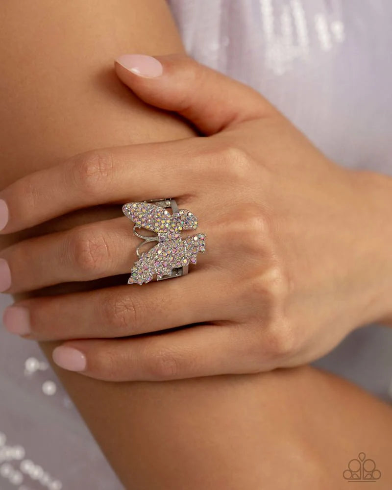 Aerial Advocate - Pink Iridescent Rhinestone Embellished Butterfly Ring