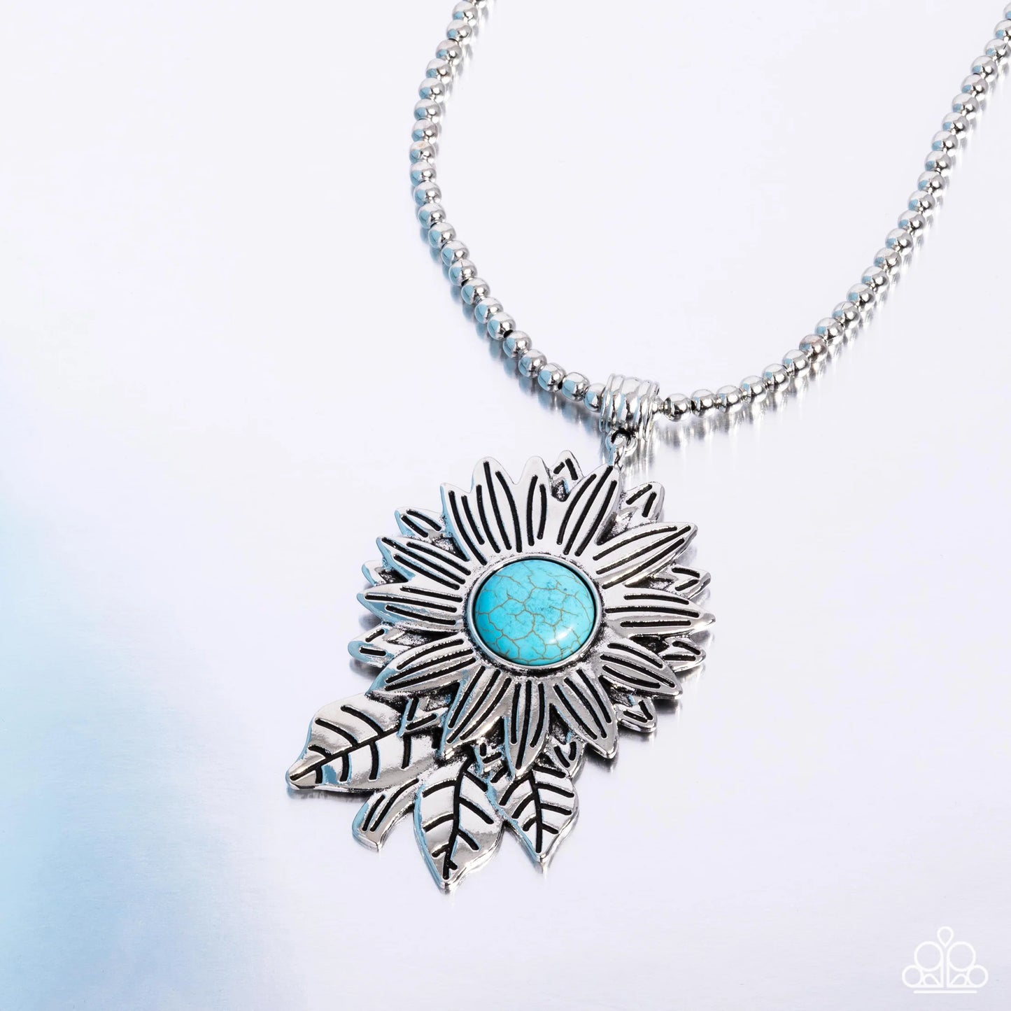 Sunflower Solstice - Blue Stone Center/Silver Sunflower Pendant Paparazzi Necklace & matching earrings