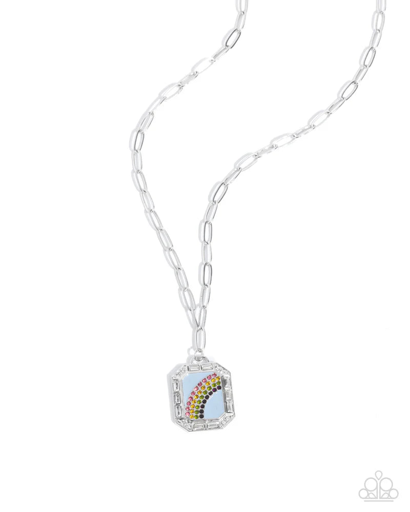 Rainbow Reputation - Blue Backdrop/Rhinestone Rainbow Pendant Paparazzi Necklace & matching earrings