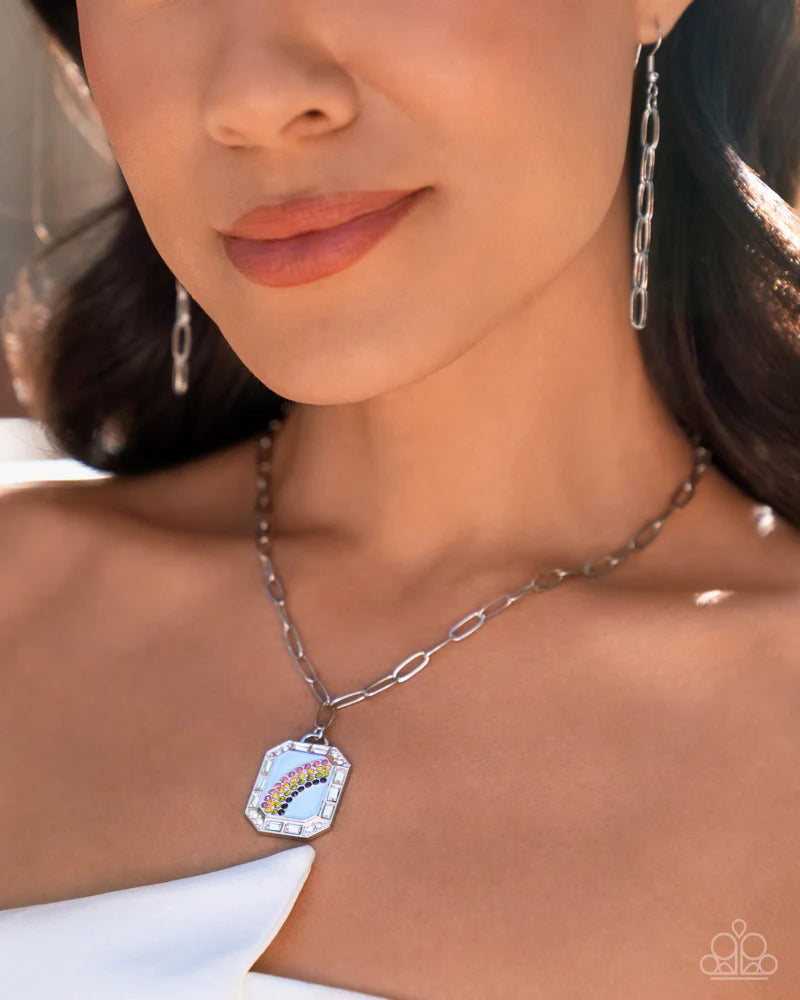 Rainbow Reputation - Blue Backdrop/Rhinestone Rainbow Pendant Paparazzi Necklace & matching earrings