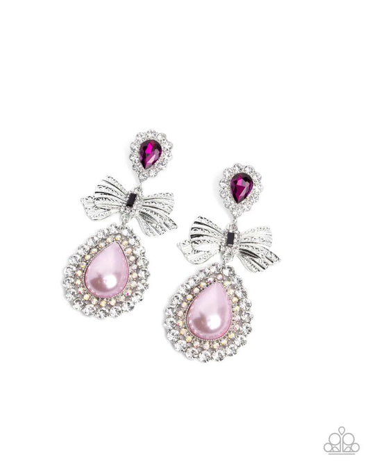 Alluring Aesthetic - Multicolored Iridescent Rhinestones, White Rhinestones, Pink Oversized Pearl, Silver Bow Paparazzi Earrings