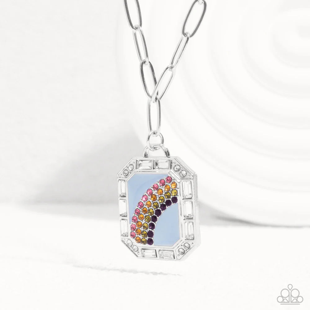 Rainbow Reputation - Blue Backdrop/Rhinestone Rainbow Pendant Paparazzi Necklace & matching earrings