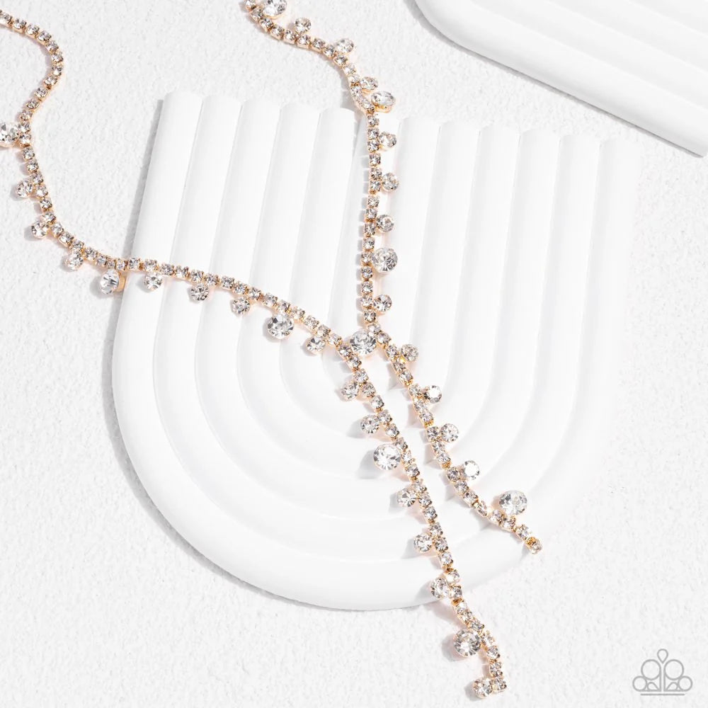 Glittery Getaway - Gold Square Fittings/White Rhinestones Paparazzi Necklace & matching earrings