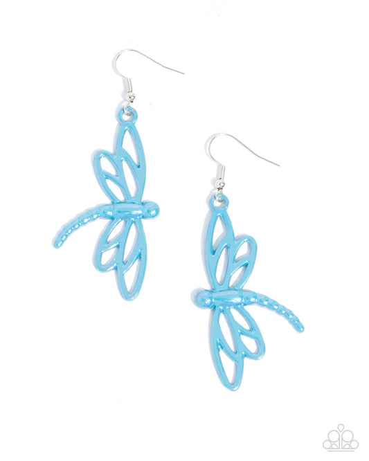 Dapper Dragonfly - Blue Iridescent Airy Dragonfly Paparazzi Earrings