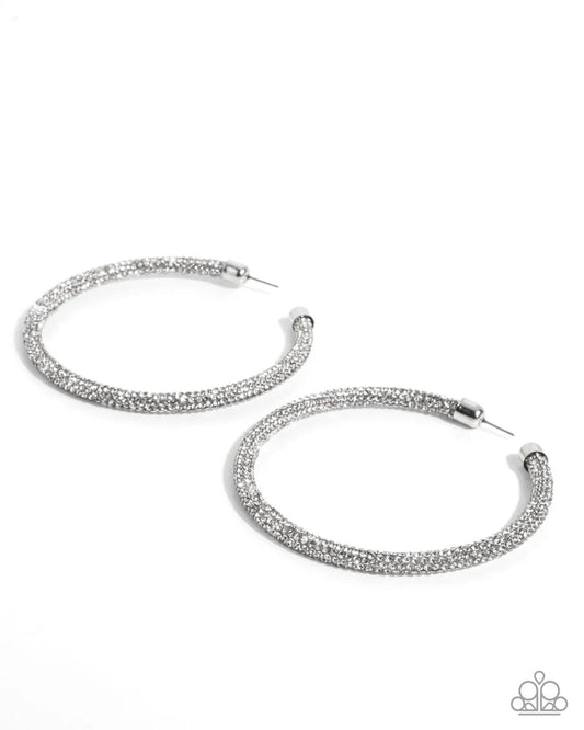 Classy Condition - White Rhinestone Encrusted Paparazzi Hoop Earrings
