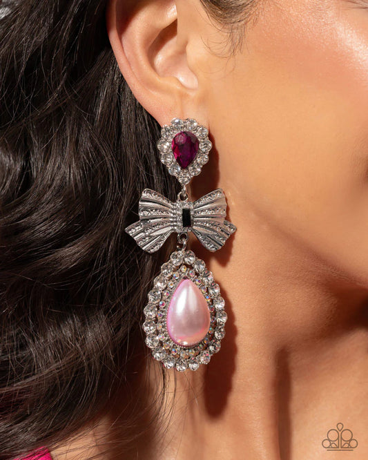 Alluring Aesthetic - Multicolored Iridescent Rhinestones, White Rhinestones, Pink Oversized Pearl, Silver Bow Paparazzi Earrings