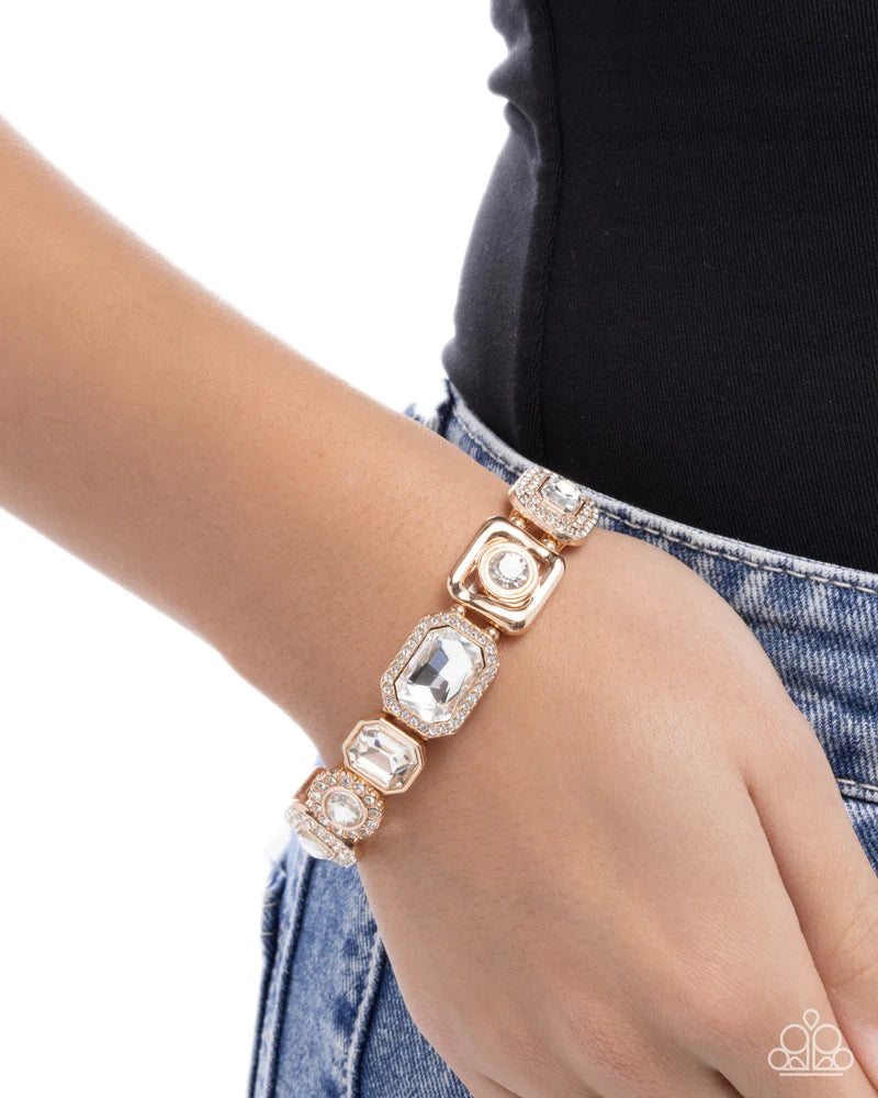 Striking Shimmer - Gold Frames & Faceted White Rhinestones Paparazzi Stretch Bracelet