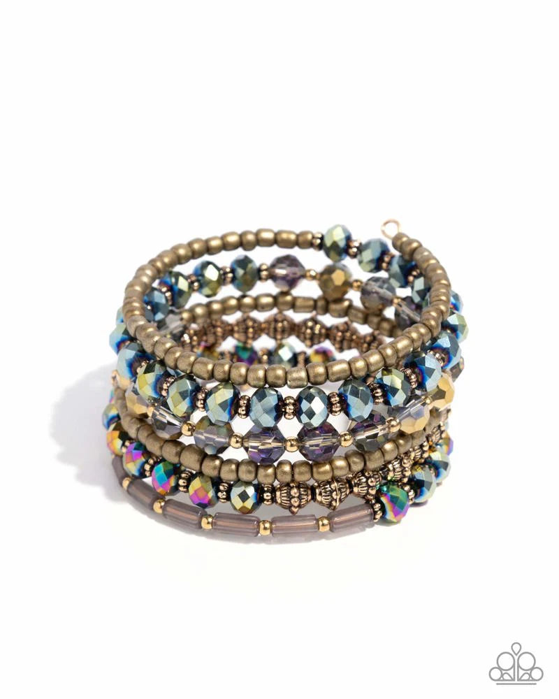Stacked Surprise - Multicolored & Gold Beaded Paparazzi Coil Bracelet