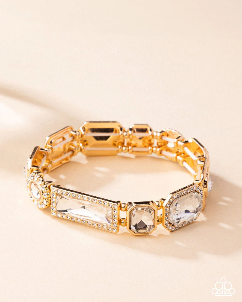 Striking Shimmer - Gold Frames & Faceted White Rhinestones Paparazzi Stretch Bracelet