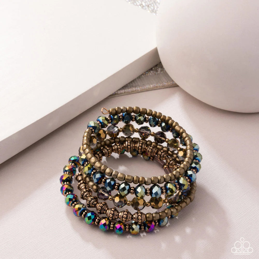 Stacked Surprise - Multicolored & Gold Beaded Paparazzi Coil Bracelet
