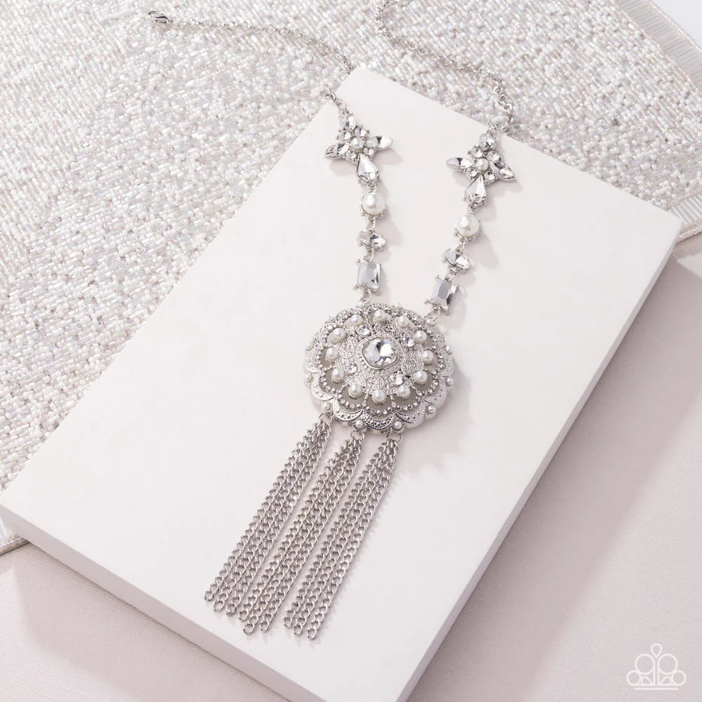 Virtuous Venture - White Pearls/White Rhinestones/Silver Chains Paparazzi Necklace & matching earrings