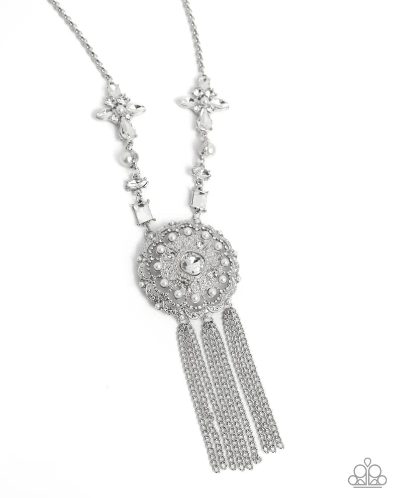 Virtuous Venture - White Pearls/White Rhinestones/Silver Chains Paparazzi Necklace & matching earrings