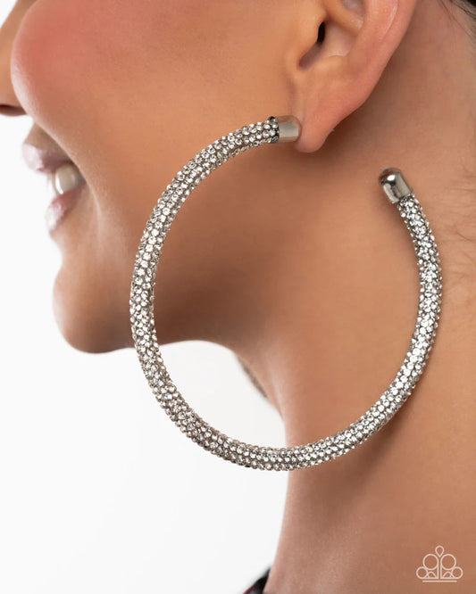 Classy Condition - White Rhinestone Encrusted Paparazzi Hoop Earrings